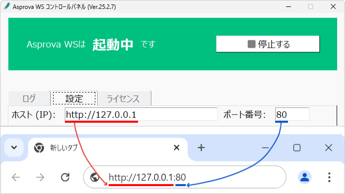 The host and port from the Settings tab make up the browser address